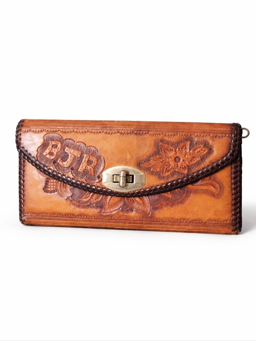 Vintage Mexican Hand Tooled Whipstitch Floral Leather Wallet